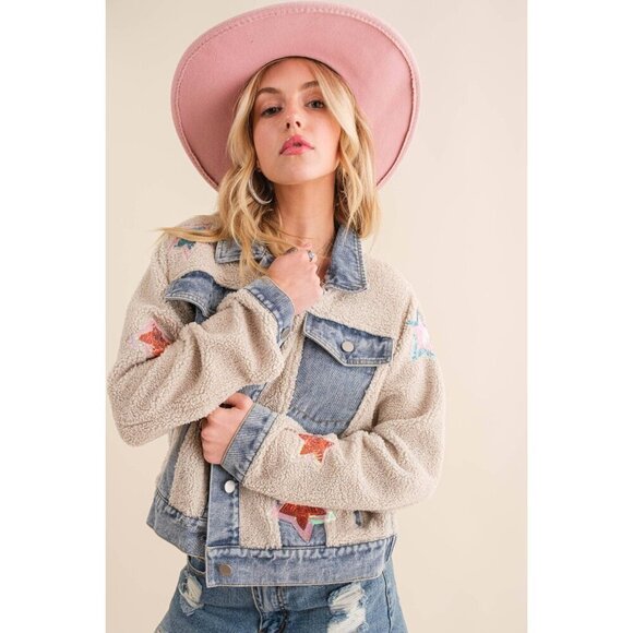 Teddy Denim Contrast Yee Haw Sequin Star Jacket - Picture 2 of 16